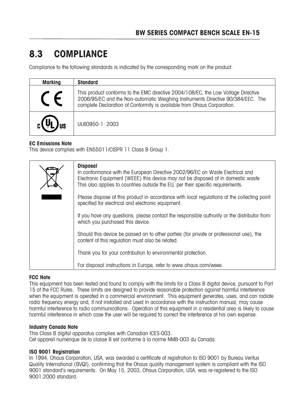 3 compliance, Bw series compact bench scale en-5 | Ohaus BW WASHDOWN SCALES Manual multi User Manual | Page 17 / 52