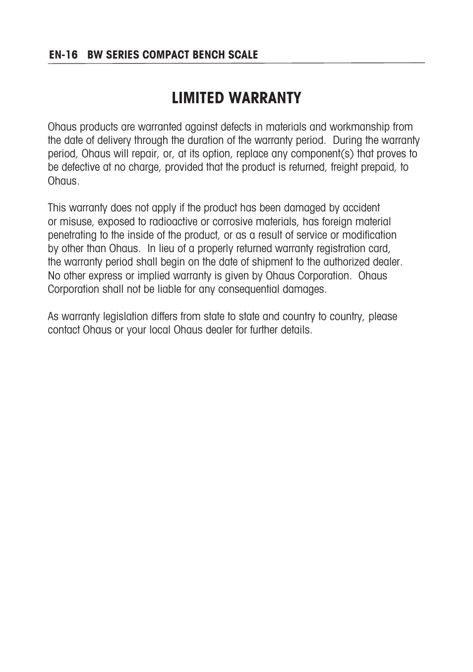 Limited warranty | Ohaus BW WASHDOWN SCALES Manual multi User Manual | Page 18 / 52
