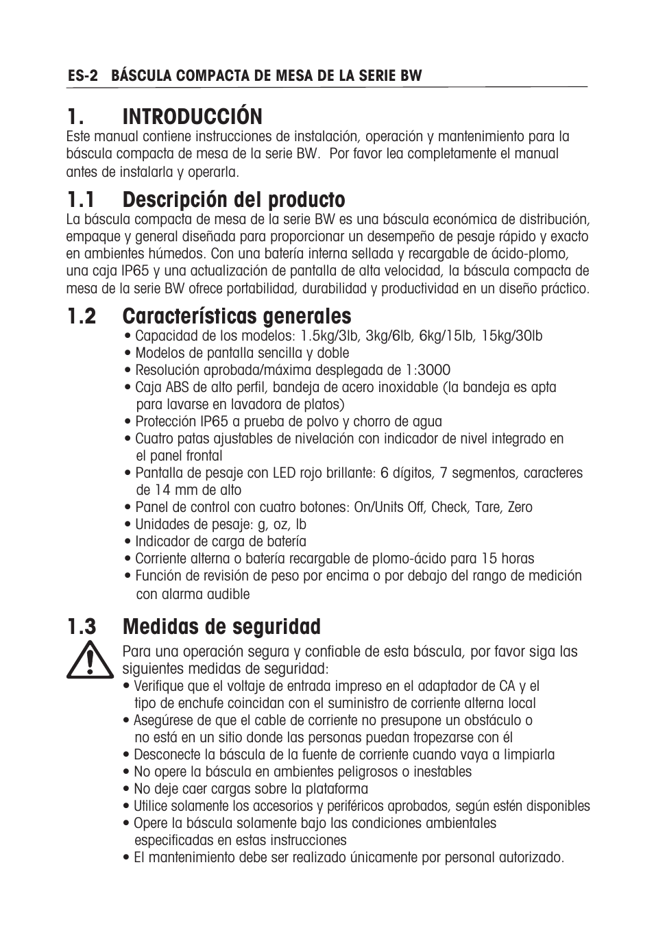 Introducción, Descripción del producto, Características generales | 3 medidas de seguridad | Ohaus BW WASHDOWN SCALES Manual multi User Manual | Page 20 / 52