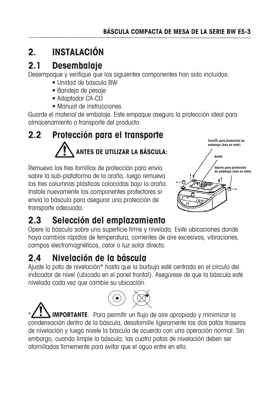 Instalación . desembalaje, Protección para el transporte, 3 selección del emplazamiento | 4 nivelación de la báscula | Ohaus BW WASHDOWN SCALES Manual multi User Manual | Page 21 / 52