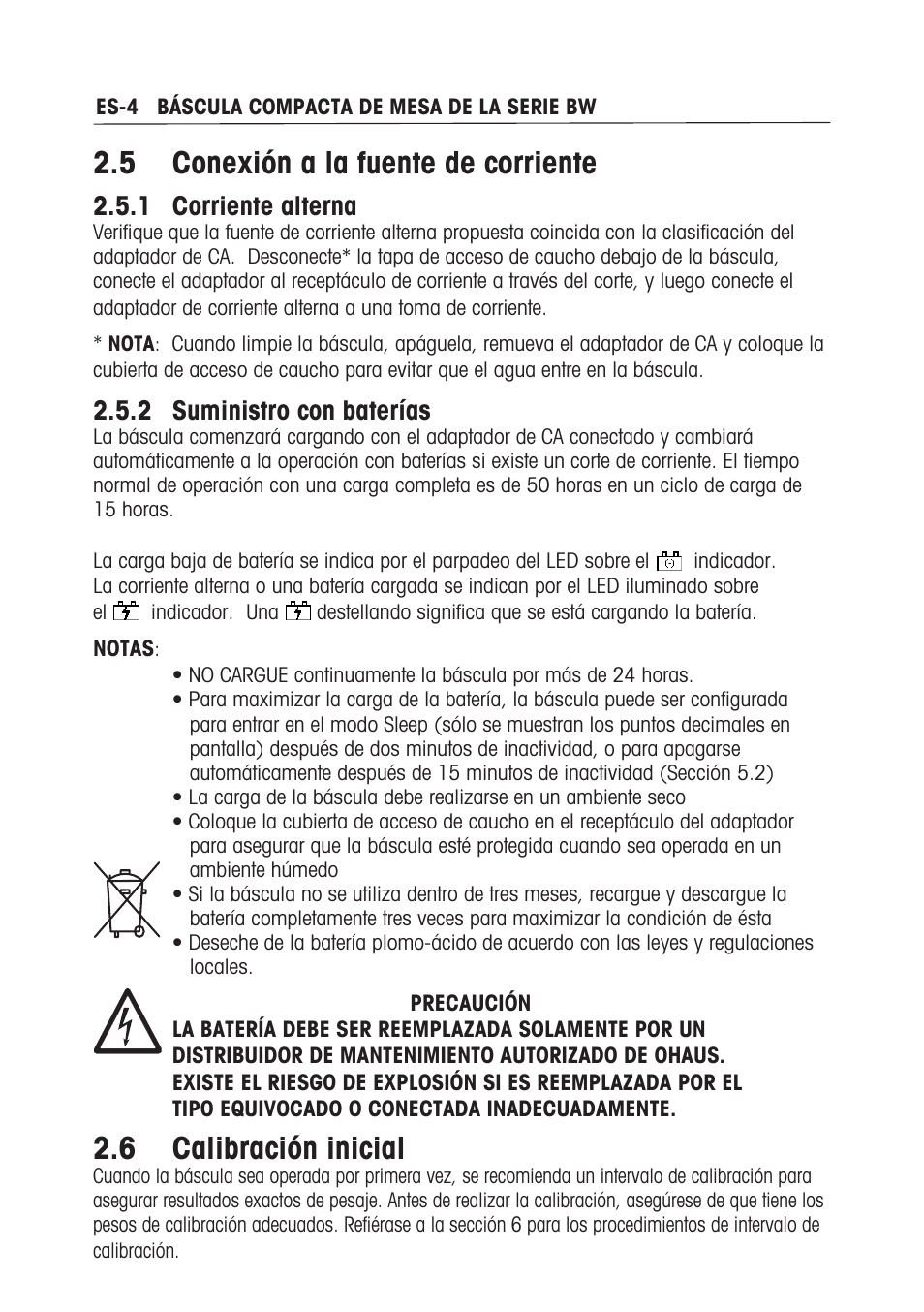 5 conexión a la fuente de corriente, 6 calibración inicial,  corriente alterna |  suministro con baterías | Ohaus BW WASHDOWN SCALES Manual multi User Manual | Page 22 / 52