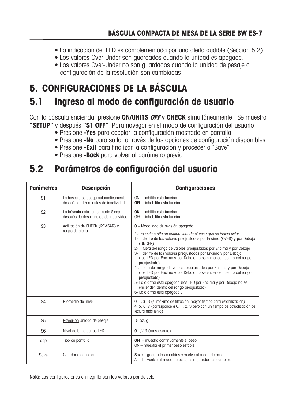  parámetros de configuración del usuario, Báscula compacta de mesa de la serie bw es, Con la báscula encienda, presione on/units | Ohaus BW WASHDOWN SCALES Manual multi User Manual | Page 25 / 52