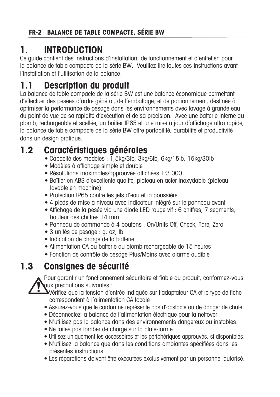 Introduction, Description du produit, Caractéristiques générales | 3 consignes de sécurité | Ohaus BW WASHDOWN SCALES Manual multi User Manual | Page 36 / 52