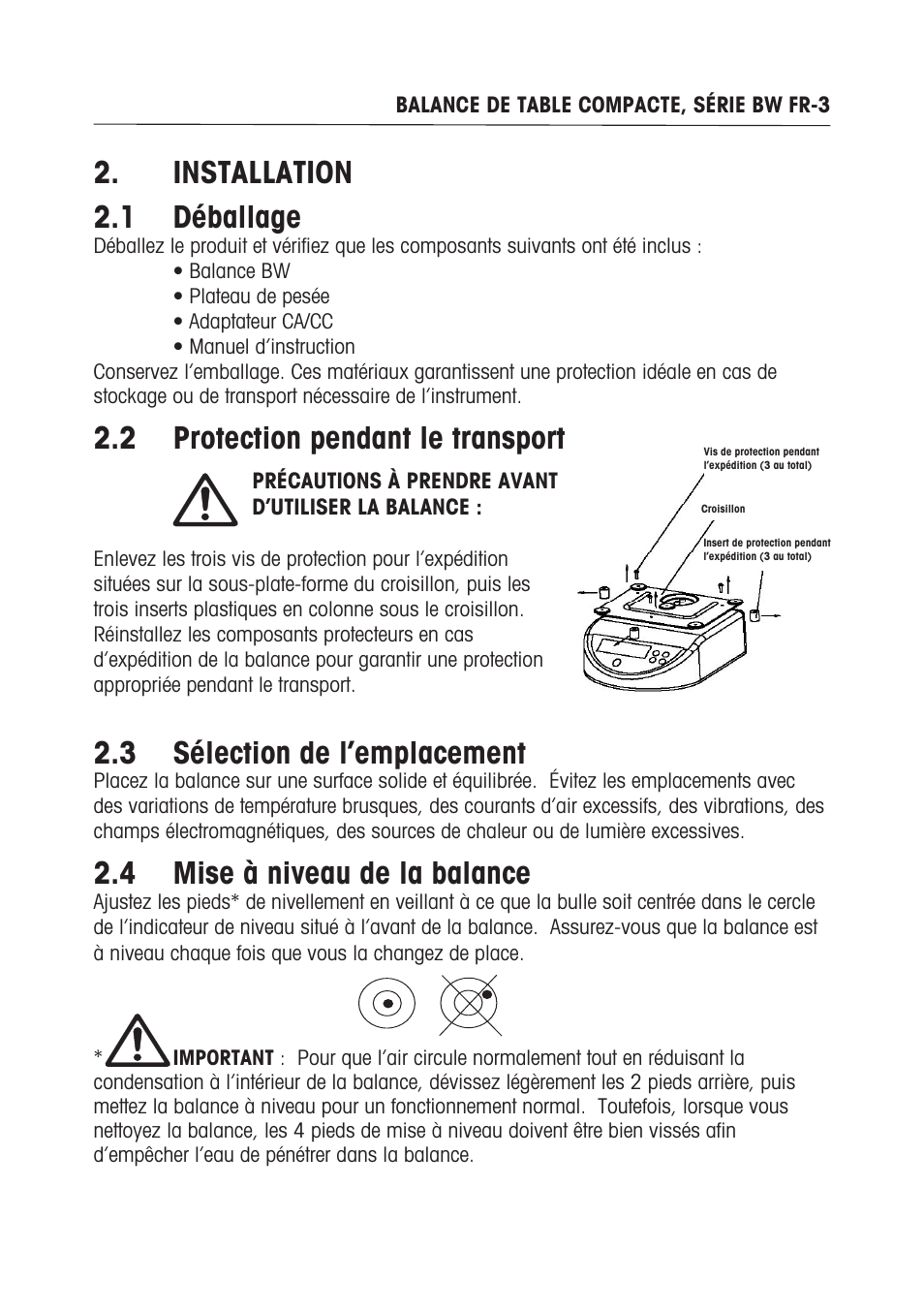 Installation . déballage, Protection pendant le transport, 3 sélection de l’emplacement | 4 mise à niveau de la balance | Ohaus BW WASHDOWN SCALES Manual multi User Manual | Page 37 / 52