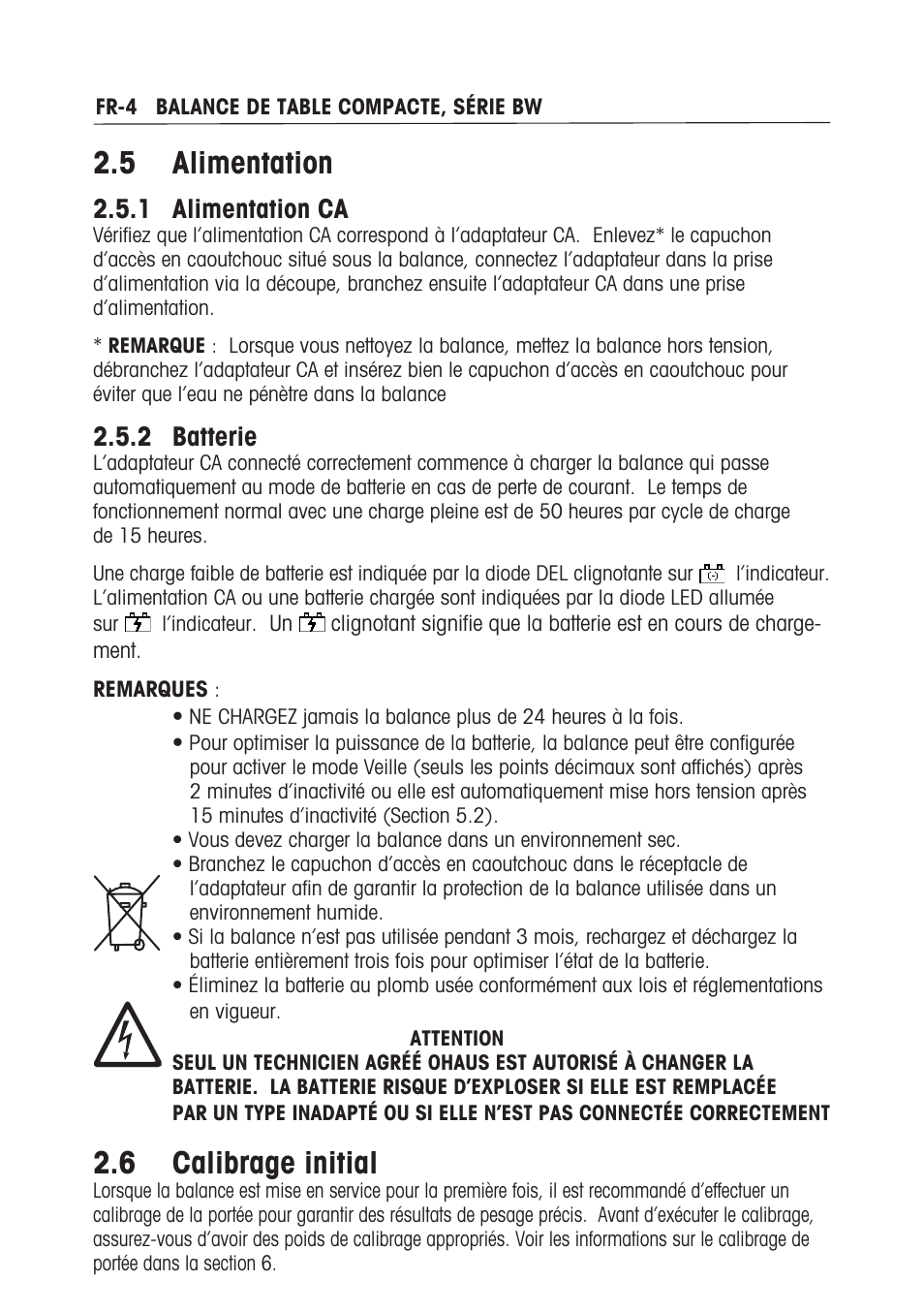 5 alimentation, 6 calibrage initial,  alimentation ca |  batterie | Ohaus BW WASHDOWN SCALES Manual multi User Manual | Page 38 / 52