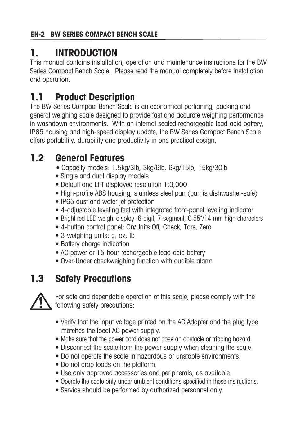 Introduction, Product description, General features | 3 safety precautions | Ohaus BW WASHDOWN SCALES Manual multi User Manual | Page 4 / 52