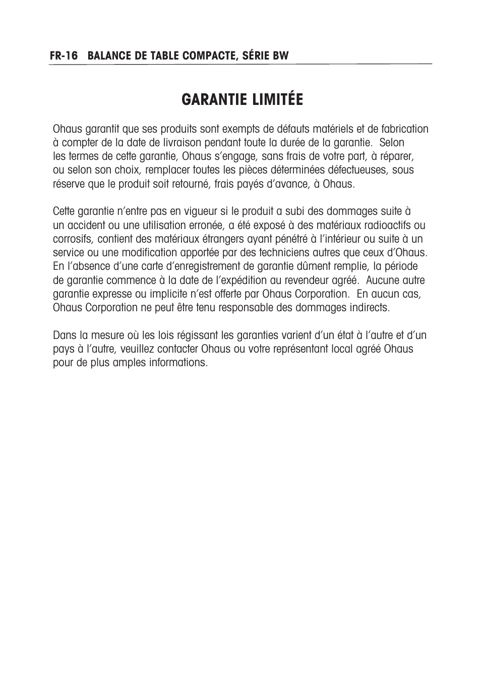 Garantie limitée | Ohaus BW WASHDOWN SCALES Manual multi User Manual | Page 50 / 52
