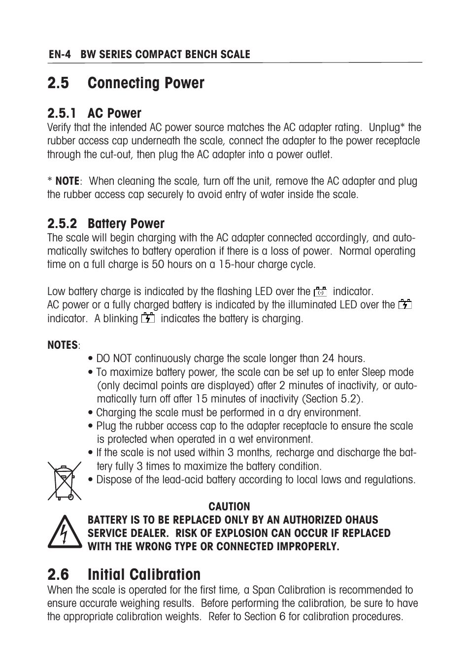 5 connecting power, 6 initial calibration,  ac power |  battery power | Ohaus BW WASHDOWN SCALES Manual multi User Manual | Page 6 / 52
