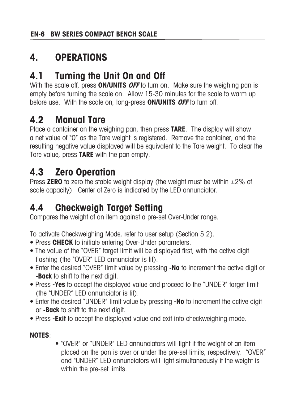 Operations 4. turning the unit on and off,  manual tare, 3 zero operation | 4 checkweigh target setting | Ohaus BW WASHDOWN SCALES Manual multi User Manual | Page 8 / 52