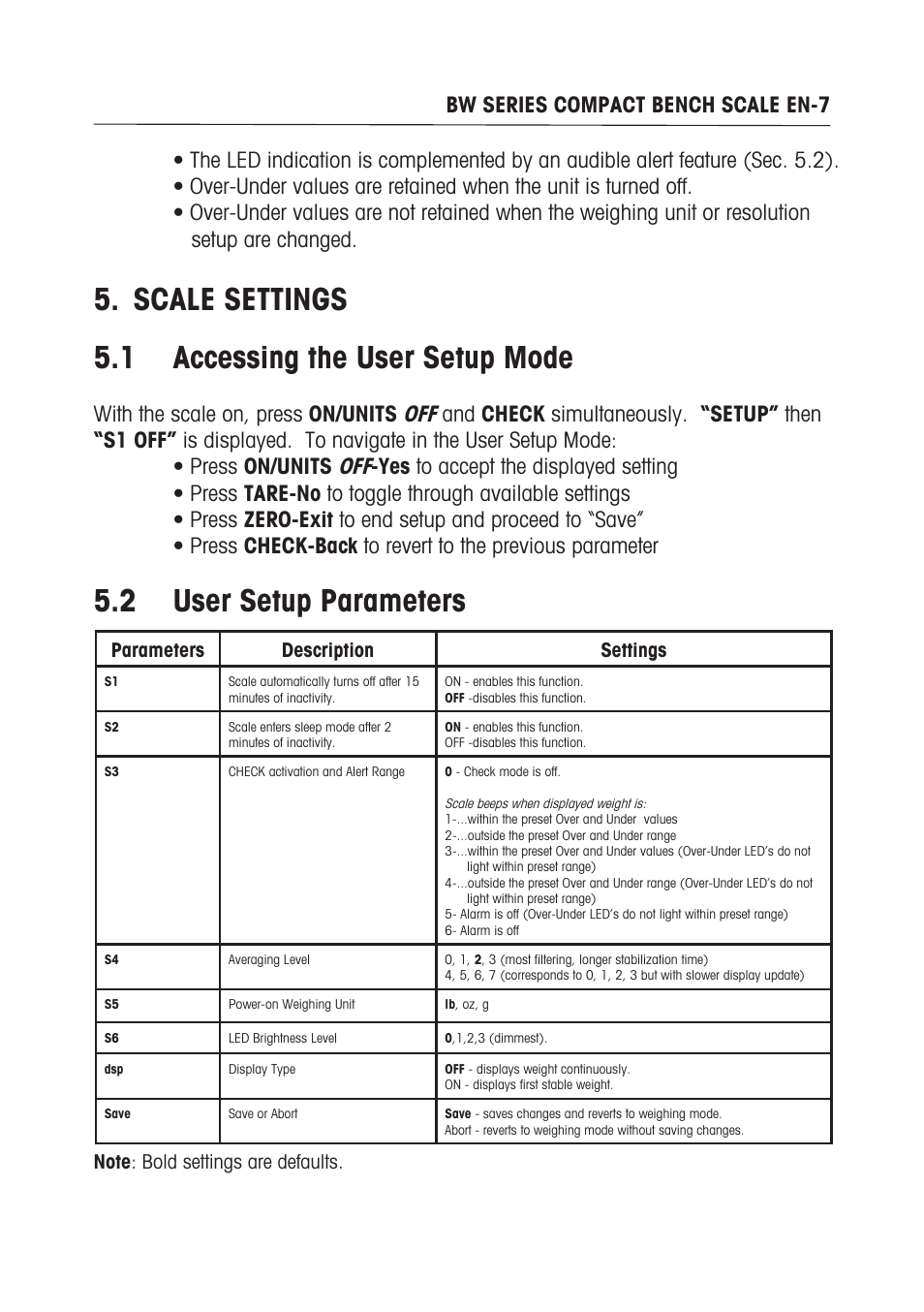 Scale settings 5. accessing the user setup mode,  user setup parameters, Wth the scale on, press on/units | Ohaus BW WASHDOWN SCALES Manual multi User Manual | Page 9 / 52