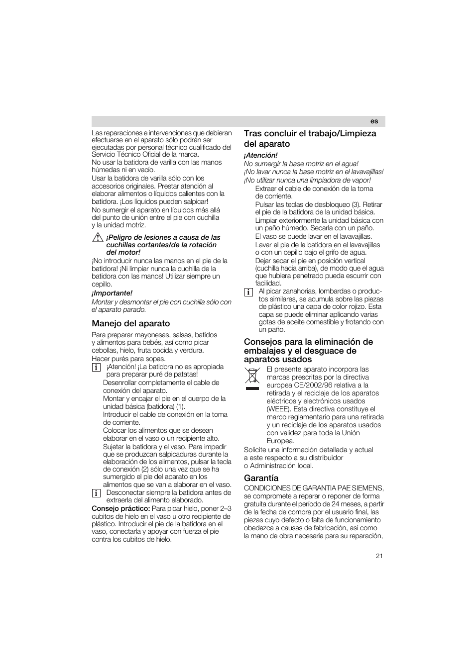 Manejo del aparato, Tras concluir el trabajo/limpieza del aparato, Garantía | Siemens MQ 5 N 275 User Manual | Page 21 / 51