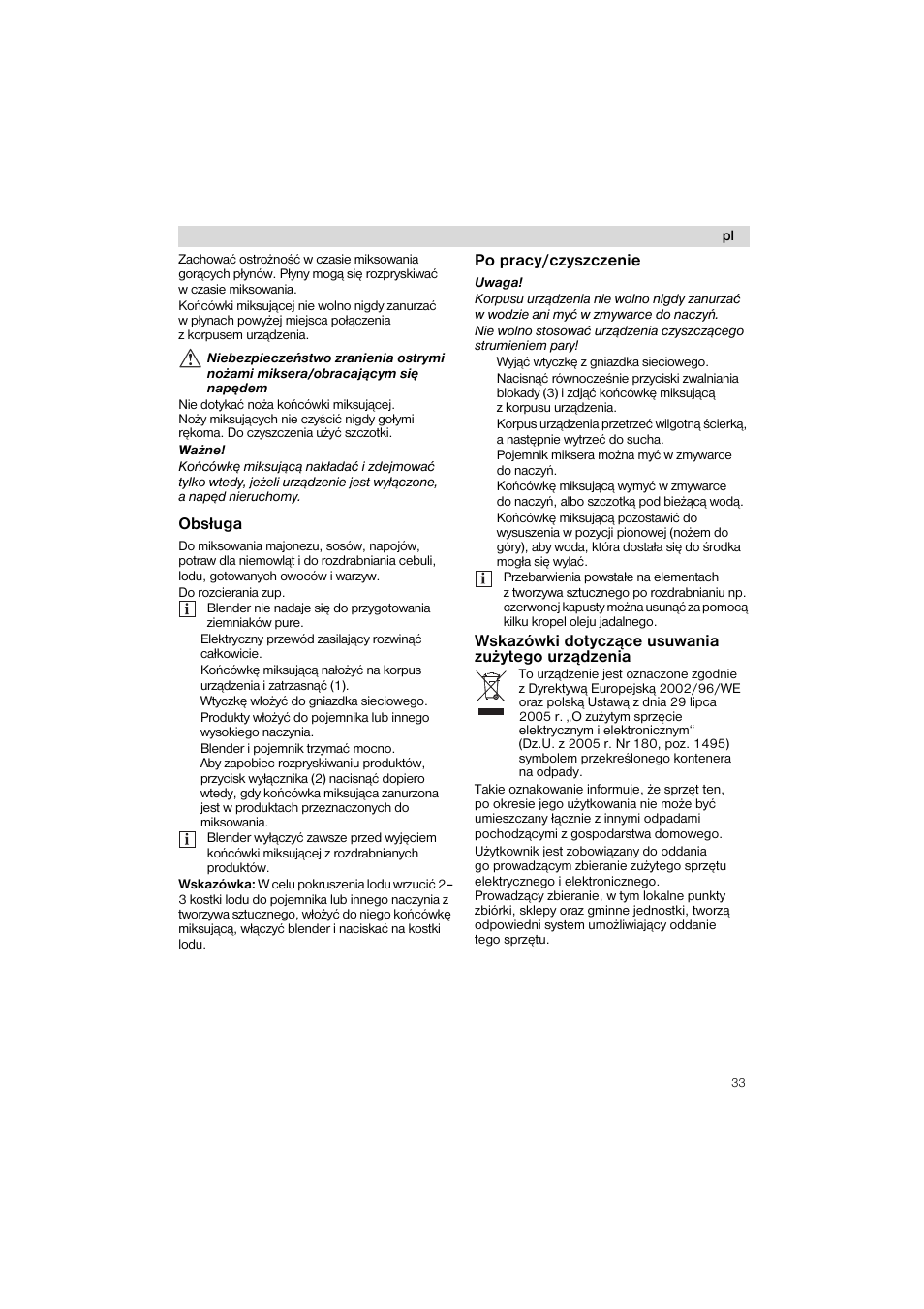 Obstuga, Po pracy/czyszczenie, Wskazowki dotyczqce usuwania zuzytego urzqdzenia | Siemens MQ 5 N 275 User Manual | Page 33 / 51