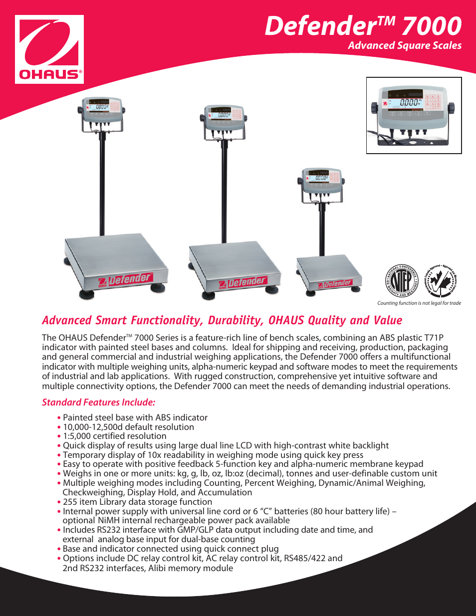 Ohaus DEFENDER 7000 Square Scales Data Sheet User Manual | 4 pages