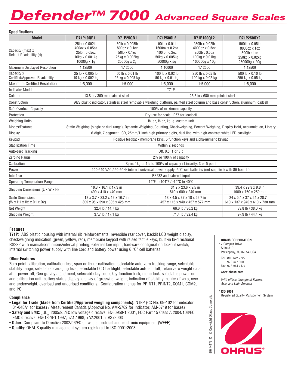 Defender, Advanced square scales | Ohaus DEFENDER 7000 Square Scales Data Sheet User Manual | Page 4 / 4