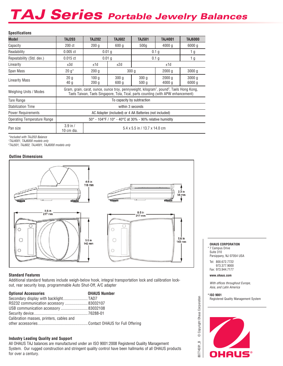 Taj series, Portable jewelry balances | Ohaus TAJ Carat and Gold Series Data Sheet User Manual | Page 2 / 2