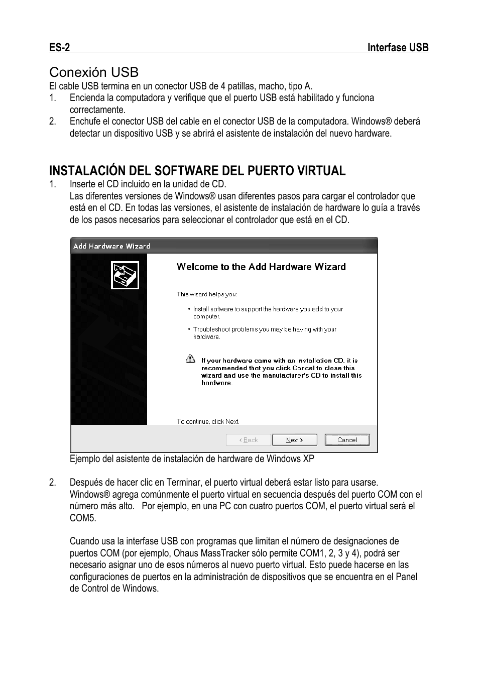 Conexión usb, Instalación del software del puerto virtual | Ohaus NAVIGATOR NVT USB Interface Manual multi User Manual | Page 10 / 52