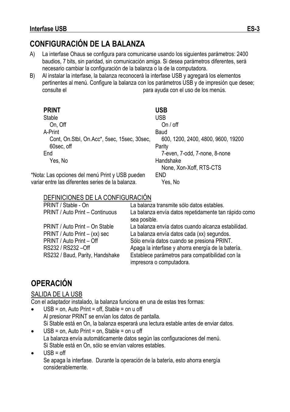 Configuración de la balanza, Operación | Ohaus NAVIGATOR NVT USB Interface Manual multi User Manual | Page 11 / 52