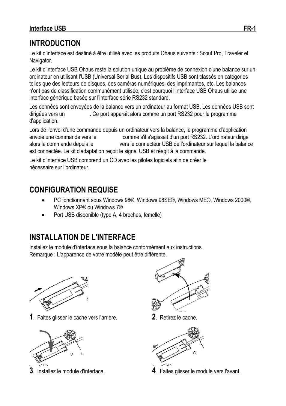 Introduction, Configuration requise, Installation de l'interface | Ohaus NAVIGATOR NVT USB Interface Manual multi User Manual | Page 15 / 52
