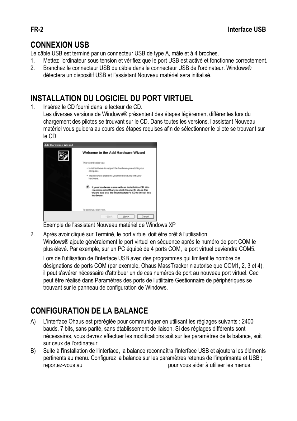 Connexion usb, Installation du logiciel du port virtuel, Configuration de la balance | Ohaus NAVIGATOR NVT USB Interface Manual multi User Manual | Page 16 / 52