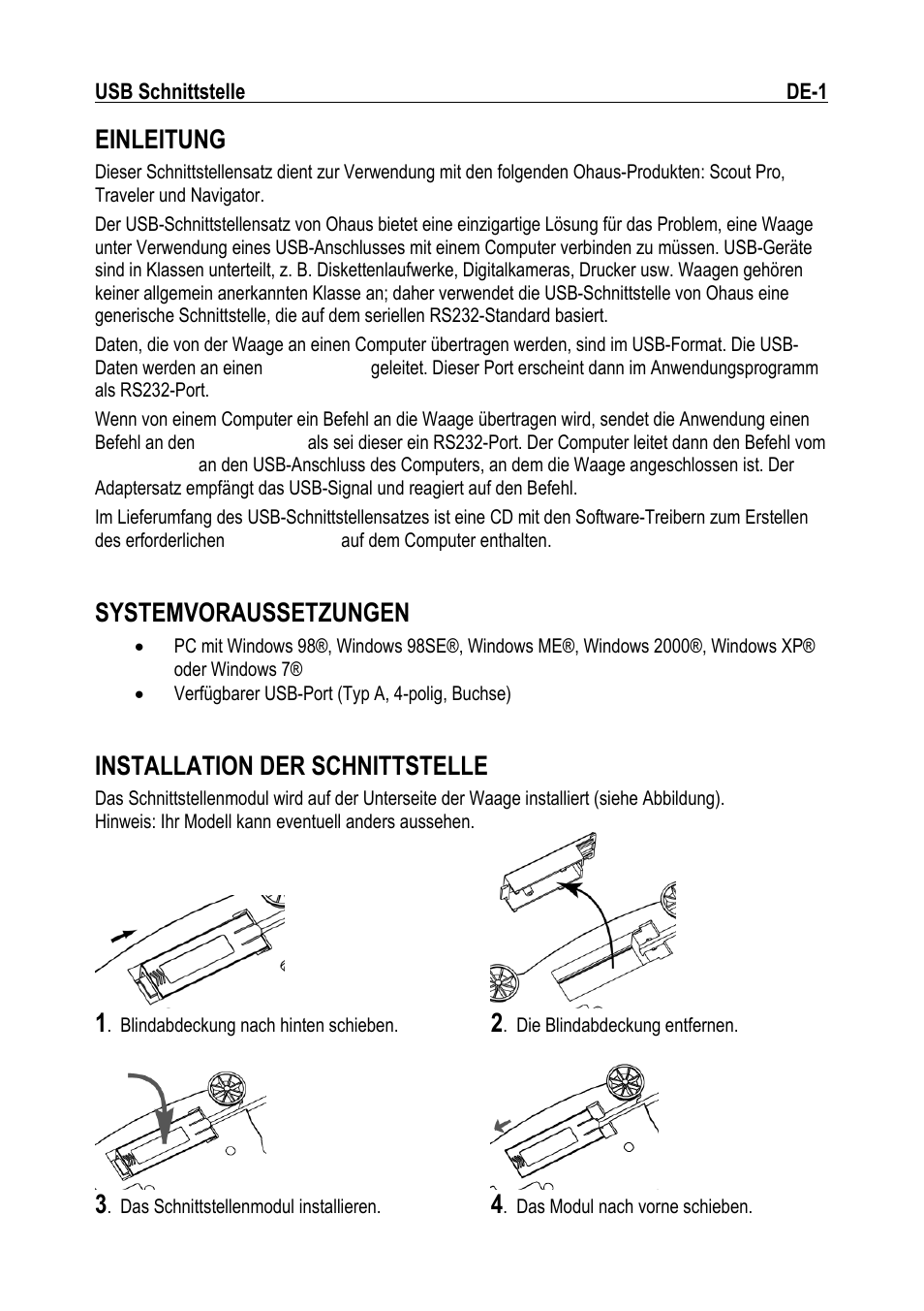 Einleitung, Systemvoraussetzungen, Installation der schnittstelle | Ohaus NAVIGATOR NVT USB Interface Manual multi User Manual | Page 21 / 52