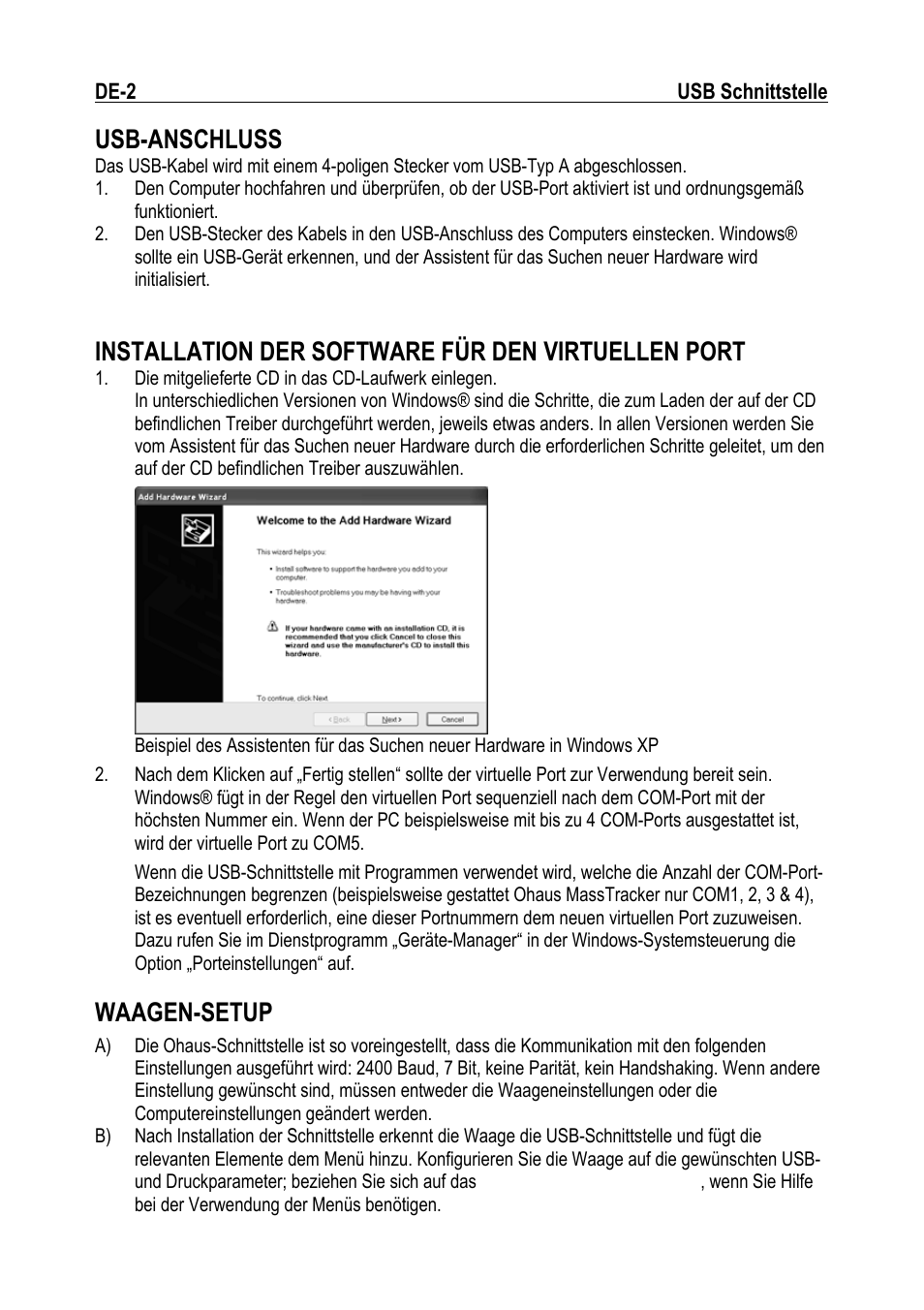 Usb-anschluss, Installation der software für den virtuellen port, Waagen-setup | Ohaus NAVIGATOR NVT USB Interface Manual multi User Manual | Page 22 / 52