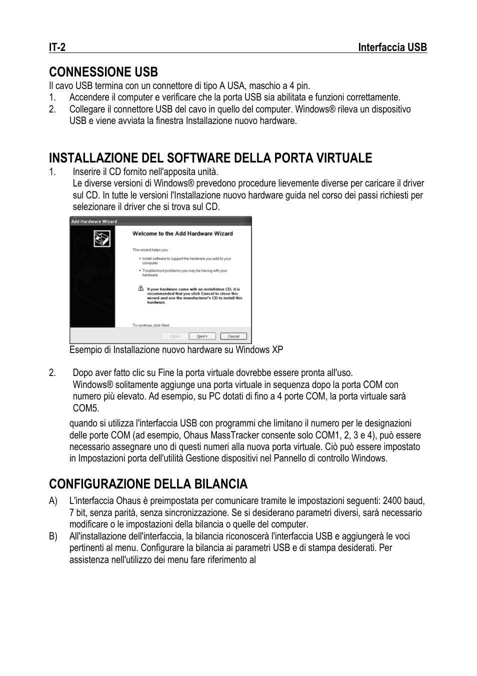 Connessione usb, Installazione del software della porta virtuale, Configurazione della bilancia | Ohaus NAVIGATOR NVT USB Interface Manual multi User Manual | Page 28 / 52