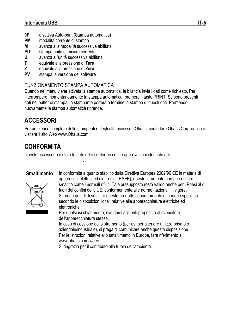 Accessori, Conformità | Ohaus NAVIGATOR NVT USB Interface Manual multi User Manual | Page 31 / 52