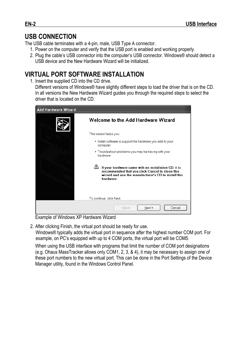 Usb connection, Virtual port software installation | Ohaus NAVIGATOR NVT USB Interface Manual multi User Manual | Page 4 / 52