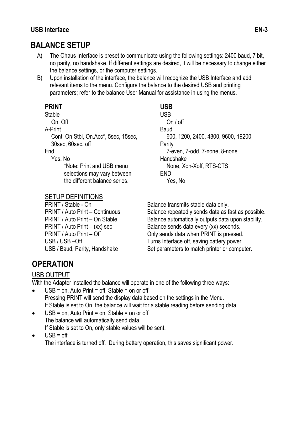 Balance setup, Operation | Ohaus NAVIGATOR NVT USB Interface Manual multi User Manual | Page 5 / 52