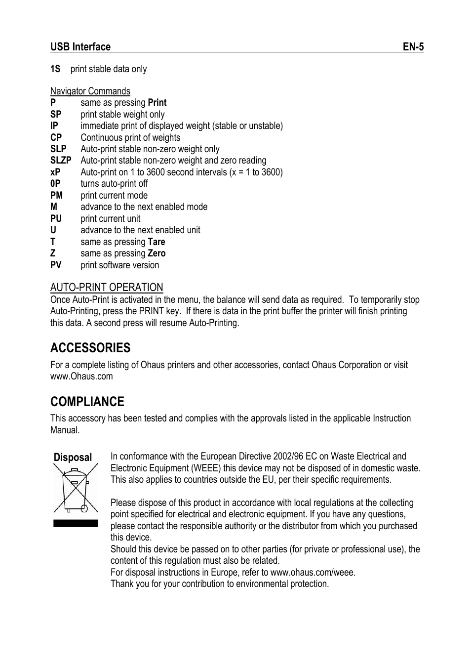 Accessories, Compliance | Ohaus NAVIGATOR NVT USB Interface Manual multi User Manual | Page 7 / 52