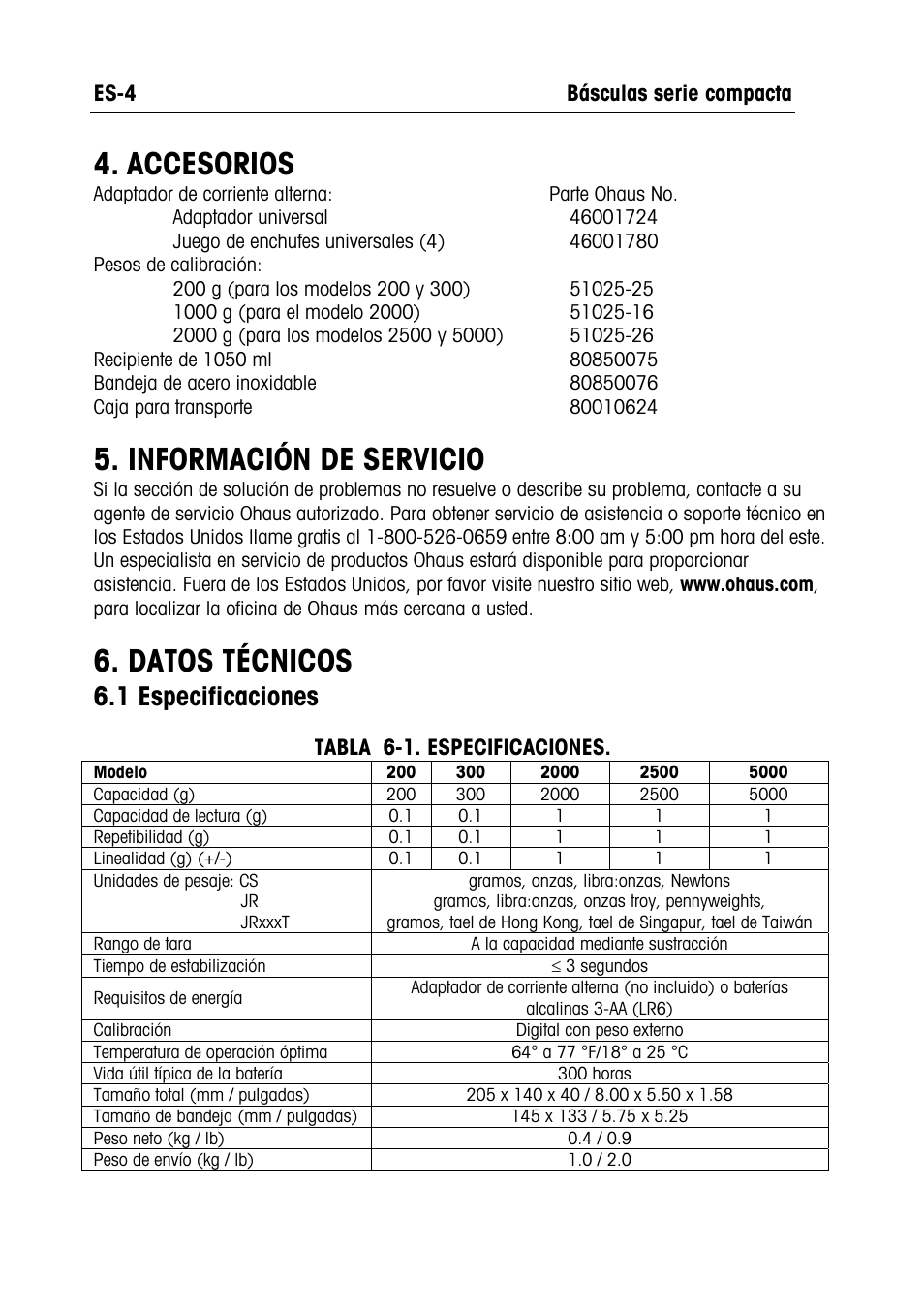 Accesorios, Información de servicio, Datos técnicos | 1 especificaciones | Ohaus RUBY JEWELRY SCALES Manual multi User Manual | Page 11 / 44