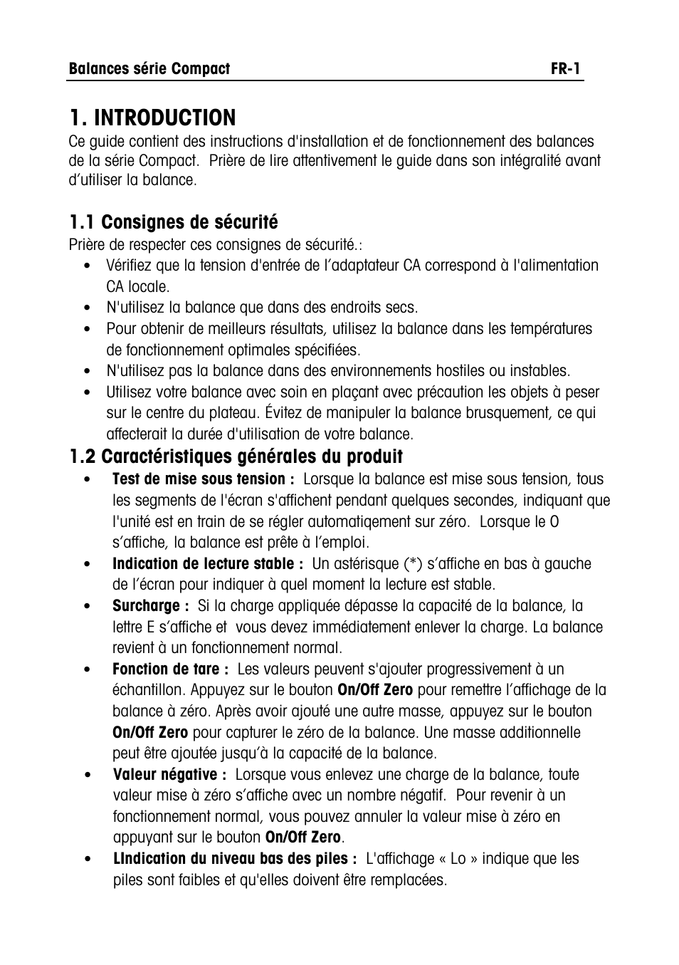 Compact series manual text- fr.doc, Introduction, 1 consignes de sécurité | 2 caractéristiques générales du produit | Ohaus RUBY JEWELRY SCALES Manual multi User Manual | Page 14 / 44