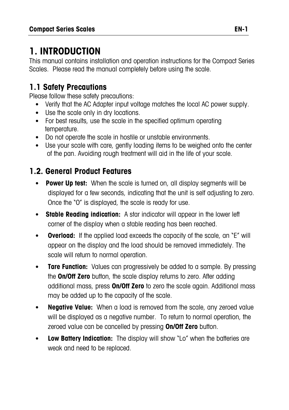 Compact series manual text- en.doc, Introduction, 1 safety precautions | General product features | Ohaus RUBY JEWELRY SCALES Manual multi User Manual | Page 2 / 44