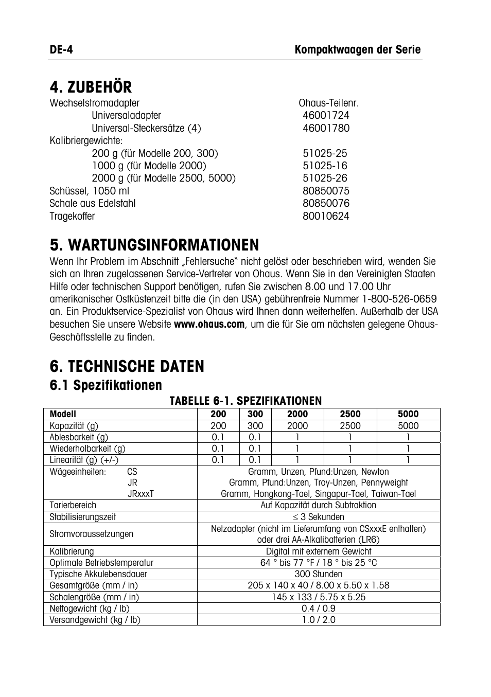 Zubehör, Wartungsinformationen, Technische daten | 1 spezifikationen | Ohaus RUBY JEWELRY SCALES Manual multi User Manual | Page 23 / 44