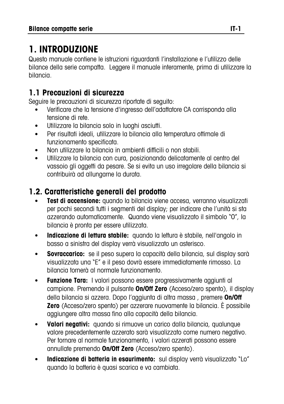 Compact series manual text- it.doc, Introduzione, 1 precauzioni di sicurezza | Caratteristiche generali del prodotto | Ohaus RUBY JEWELRY SCALES Manual multi User Manual | Page 26 / 44