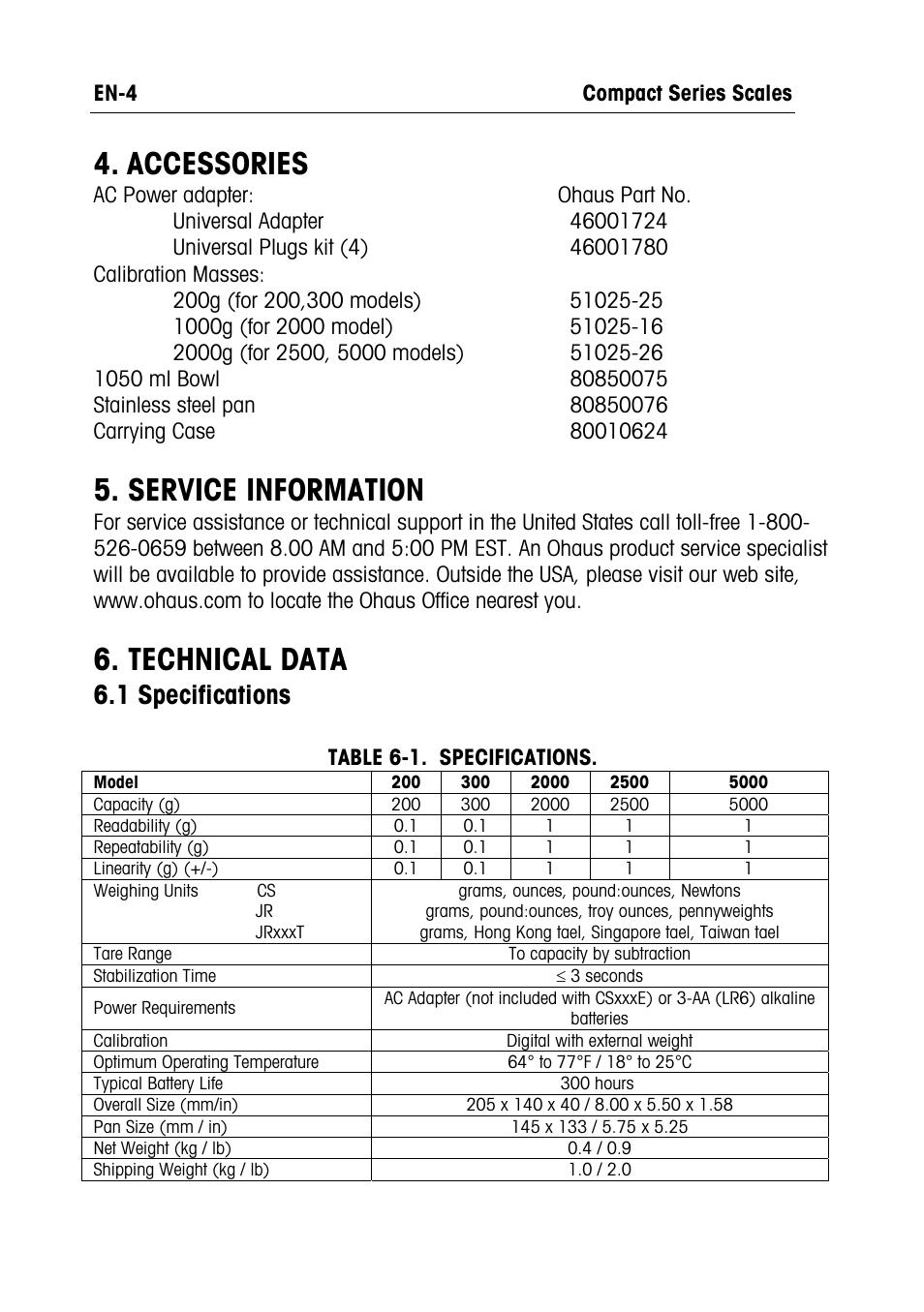 Accessories, Service information, Technical data | 1 specifications | Ohaus RUBY JEWELRY SCALES Manual multi User Manual | Page 5 / 44