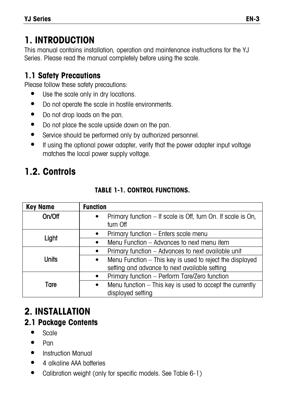 Introduction, Controls, Installation | Ohaus YJ Carat and Gold Scales Manual User Manual | Page 3 / 8