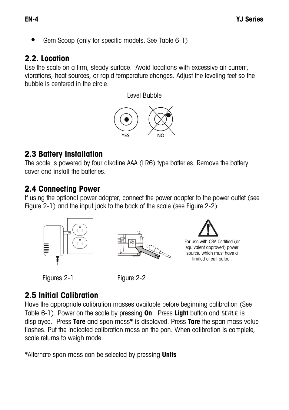 Location, 3 battery installation, 4 connecting power | 5 initial calibration | Ohaus YJ Carat and Gold Scales Manual User Manual | Page 4 / 8