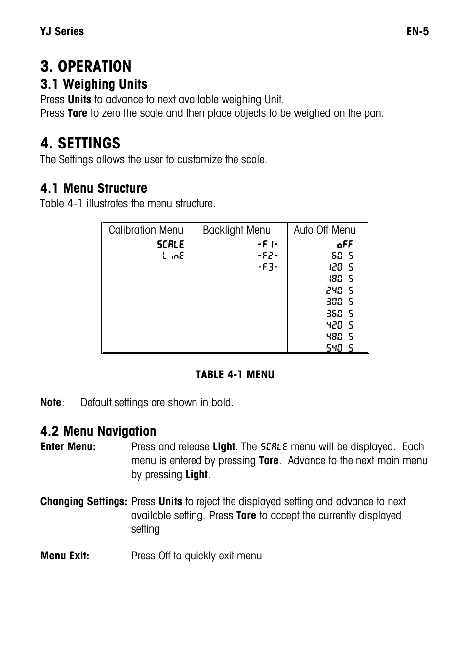 Operation, Settings, 1 weighing units | 1 menu structure, 2 menu navigation | Ohaus YJ Carat and Gold Scales Manual User Manual | Page 5 / 8