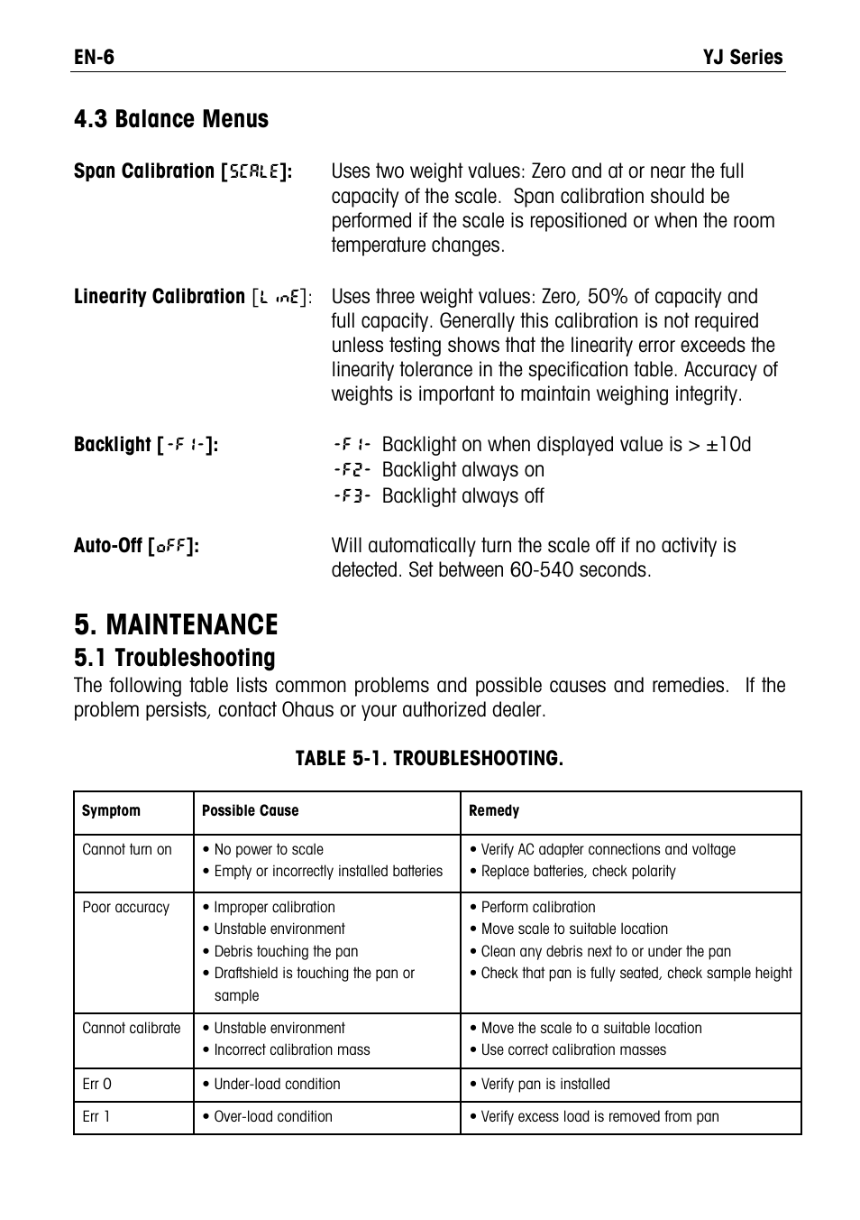 Maintenance, 3 balance menus, 1 troubleshooting | Ohaus YJ Carat and Gold Scales Manual User Manual | Page 6 / 8