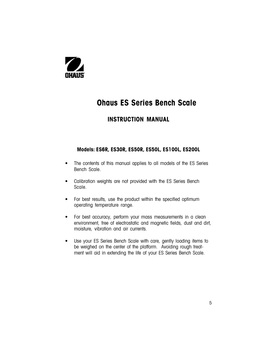 Ohaus es series bench scale | Ohaus ES COMPACT BENCH SCALES Manual multi User Manual | Page 5 / 56