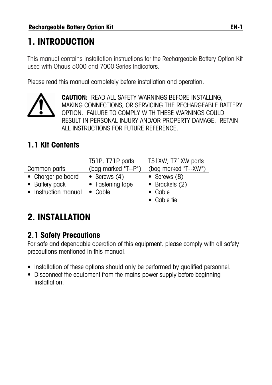 Introduction, Installation, 1 kit contents | 1 safety precautions | Ohaus DEFENDER 5000 BENCH SCALES Rechargeable Battery Option Manual multi User Manual | Page 3 / 44
