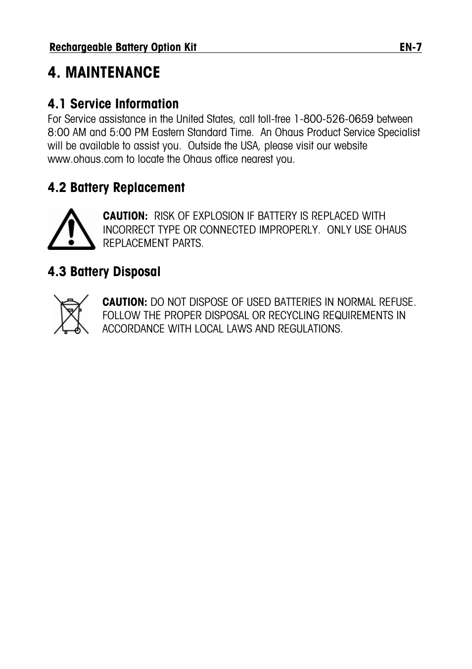 Maintenance | Ohaus DEFENDER 5000 BENCH SCALES Rechargeable Battery Option Manual multi User Manual | Page 9 / 44