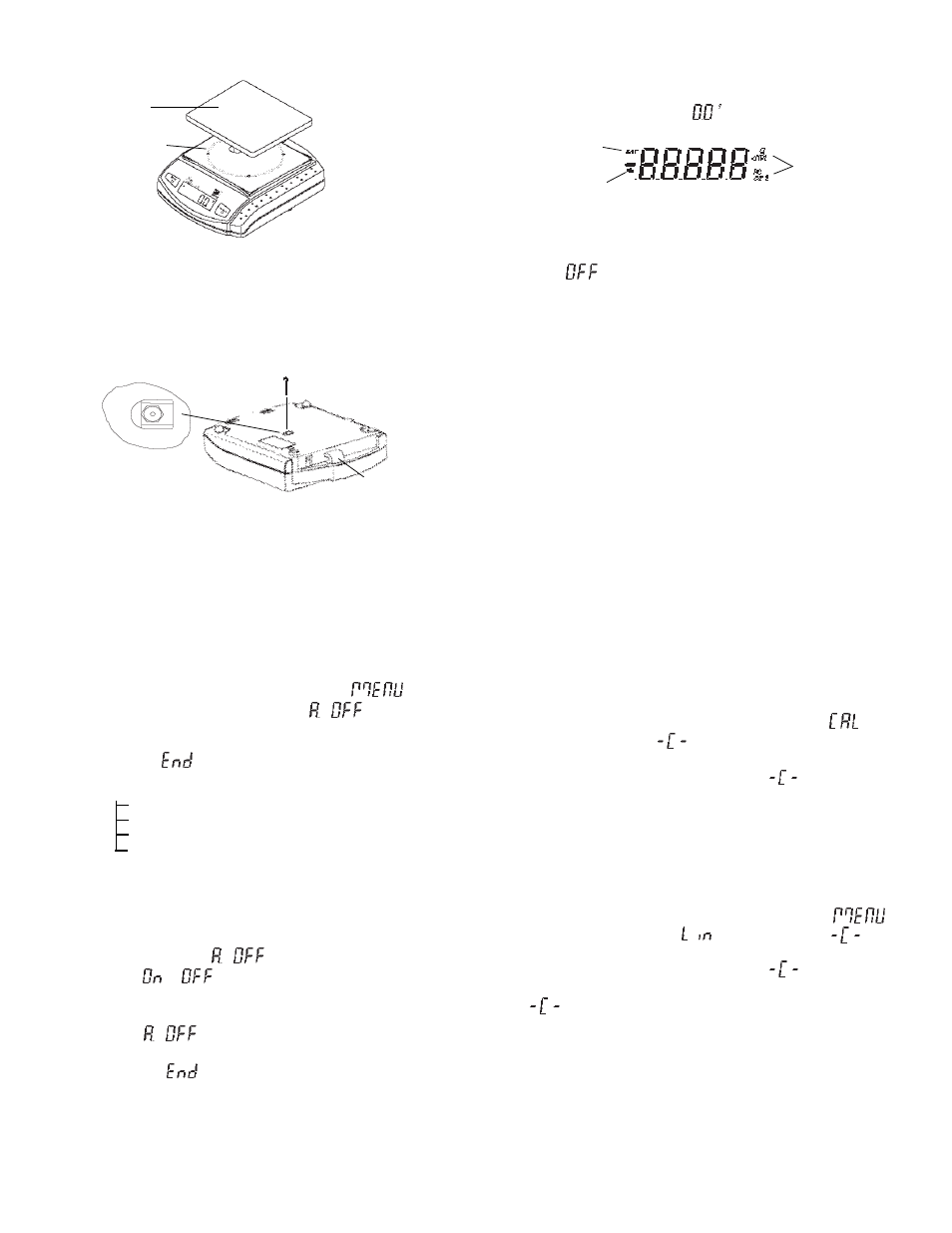 Linearity calibration, Security bracket, Span calibration | Operation, Menu, Weigh below hook, Pan installation, Turning the balance on, Turning the balance off, Weighing | Ohaus Scout II Electronic Balances User Manual | Page 23 / 25