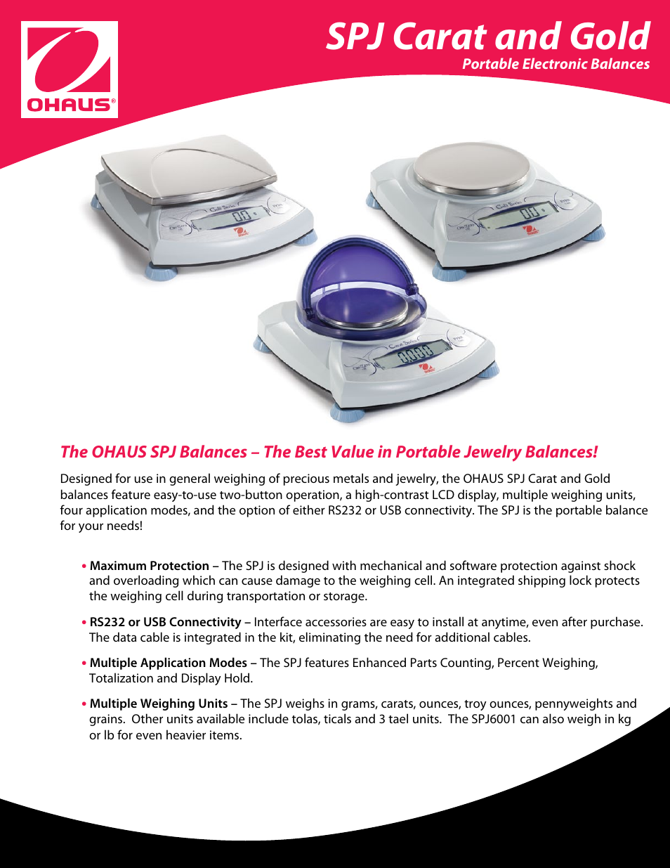 Ohaus CARAT & GOLD STANDARD PORTABLE JEWELRY BALANCES Data Sheet User Manual | 3 pages