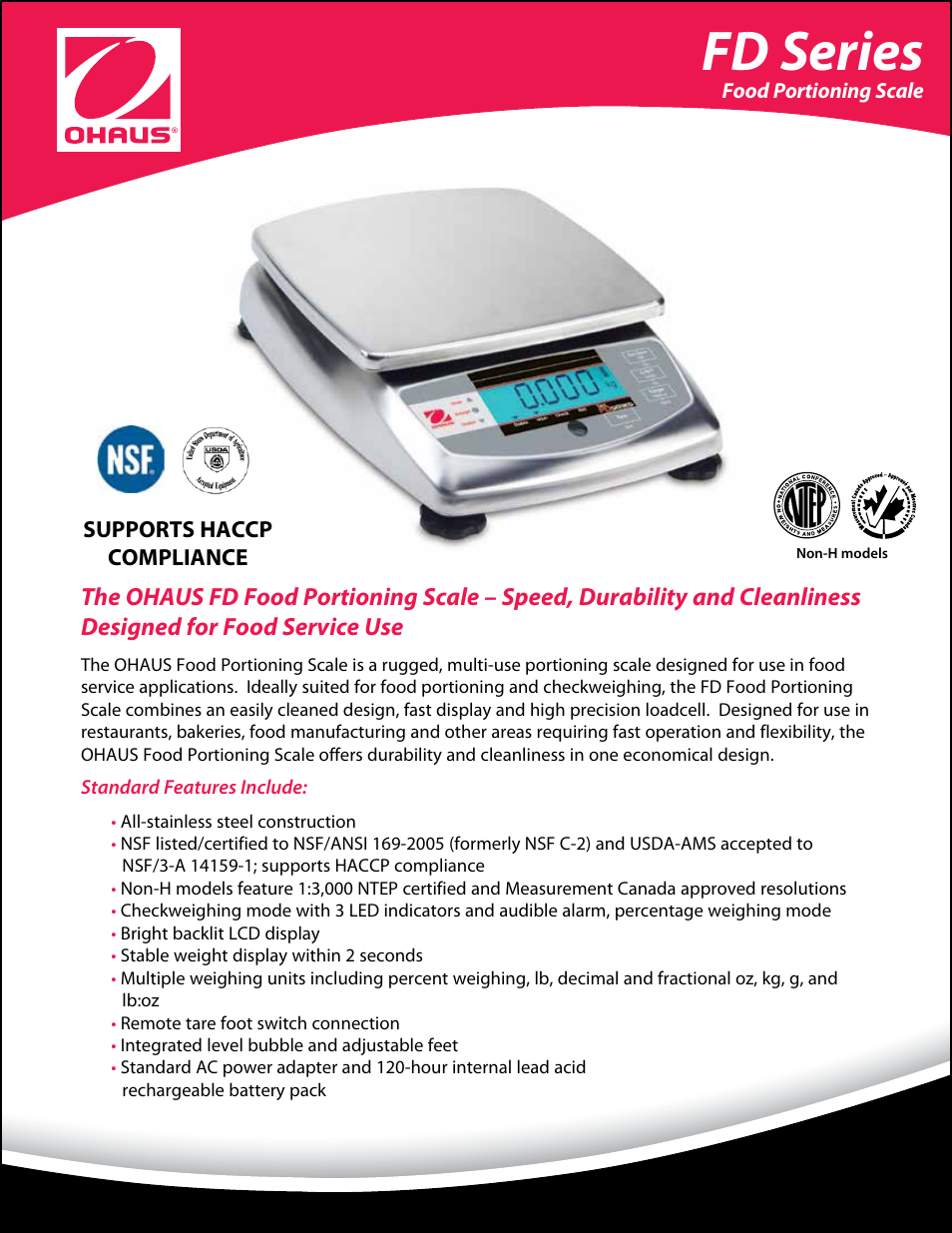 Ohaus FD Series STAINLESS STEEL COMPACT SCALES Data Sheet User Manual | 4 pages
