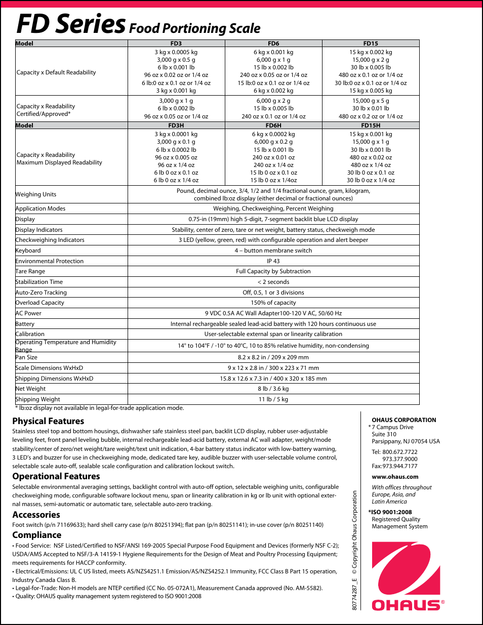 Fd series, Food portioning scale, Physical features | Operational features, Accessories, Compliance | Ohaus FD Series STAINLESS STEEL COMPACT SCALES Data Sheet User Manual | Page 4 / 4