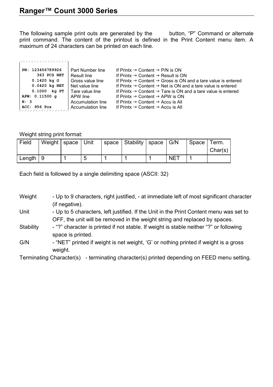 4 printouts, 5 output format | Ohaus RANGER COUNT 3000 COMPACT COUNTING SCALES Manual User Manual | Page 35 / 40