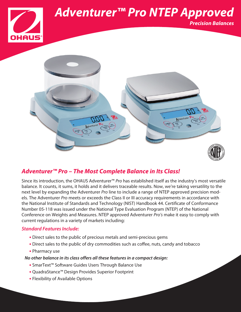 Ohaus ADVENTURER PRO NTEP APPROVED PRECISION BALANCES Data Sheet User Manual | 4 pages