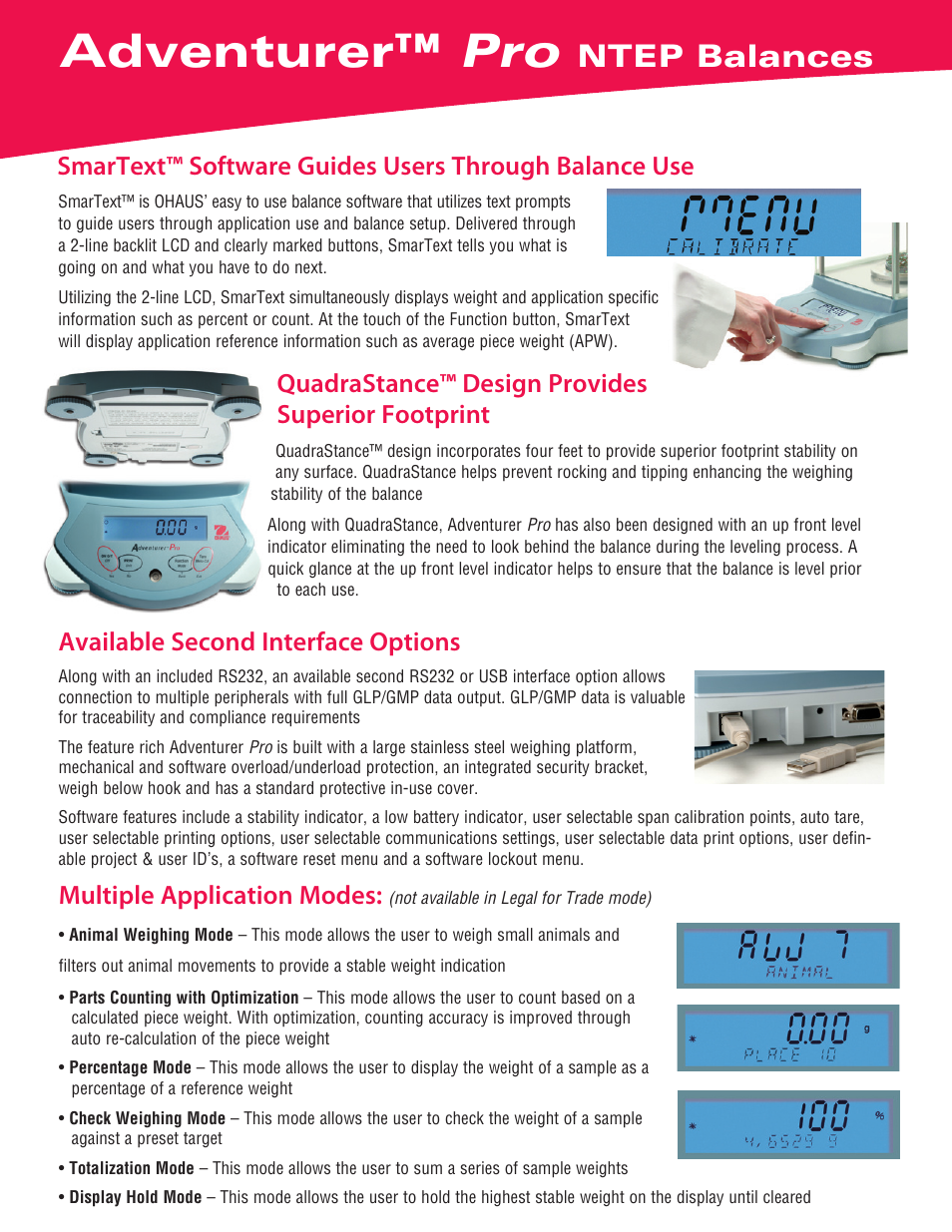 Adventurer™ pro, Ntep balances, Quadrastance™ design provides superior footprint | Multiple application modes, Available second interface options | Ohaus ADVENTURER PRO NTEP APPROVED PRECISION BALANCES Data Sheet User Manual | Page 2 / 4
